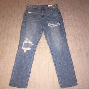 American Eagle distressed high rise long mom blue jeans womens size 14 nwt
